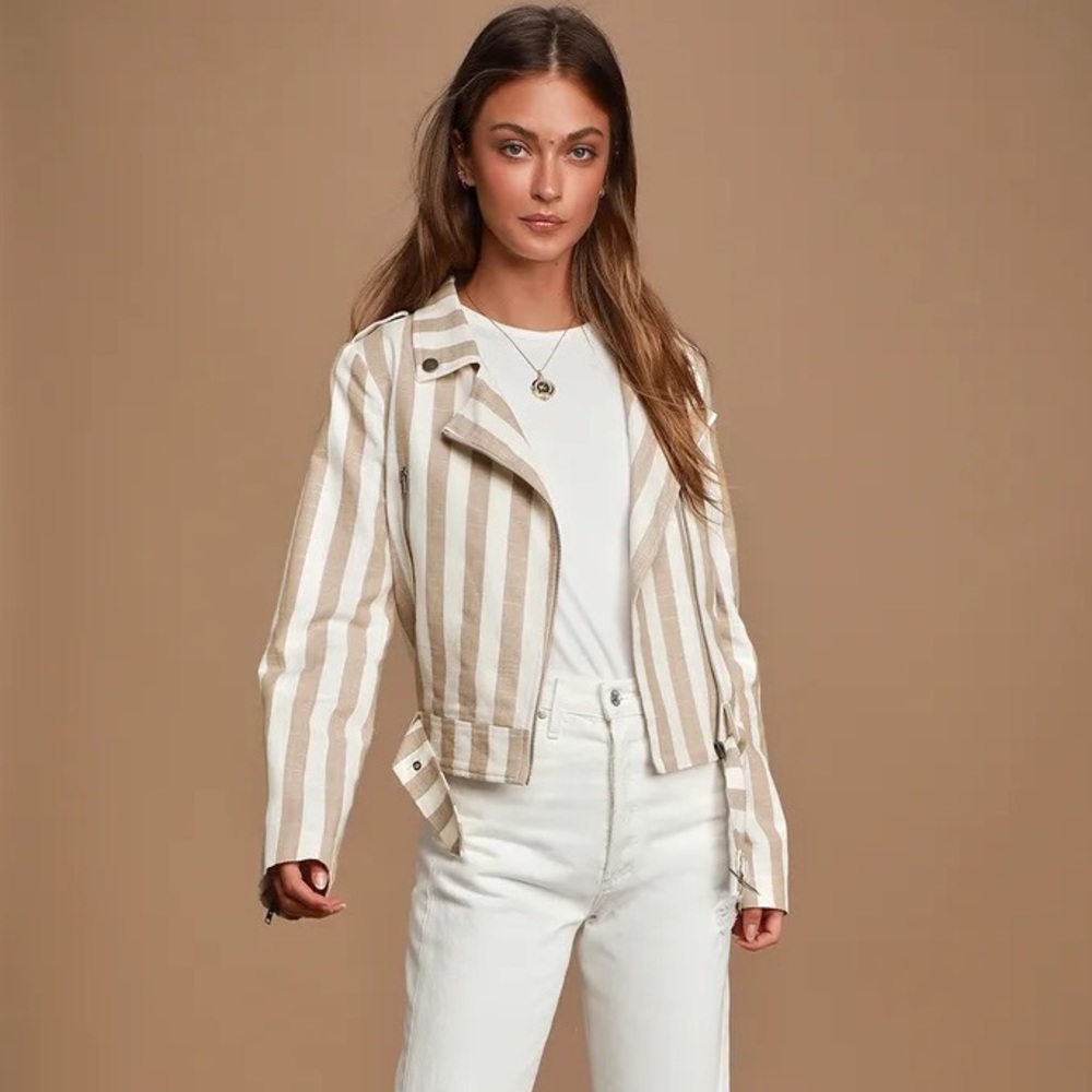 Lulu’s Vacation Signature Taupe and Ivory Striped Belted Moto Jacket
